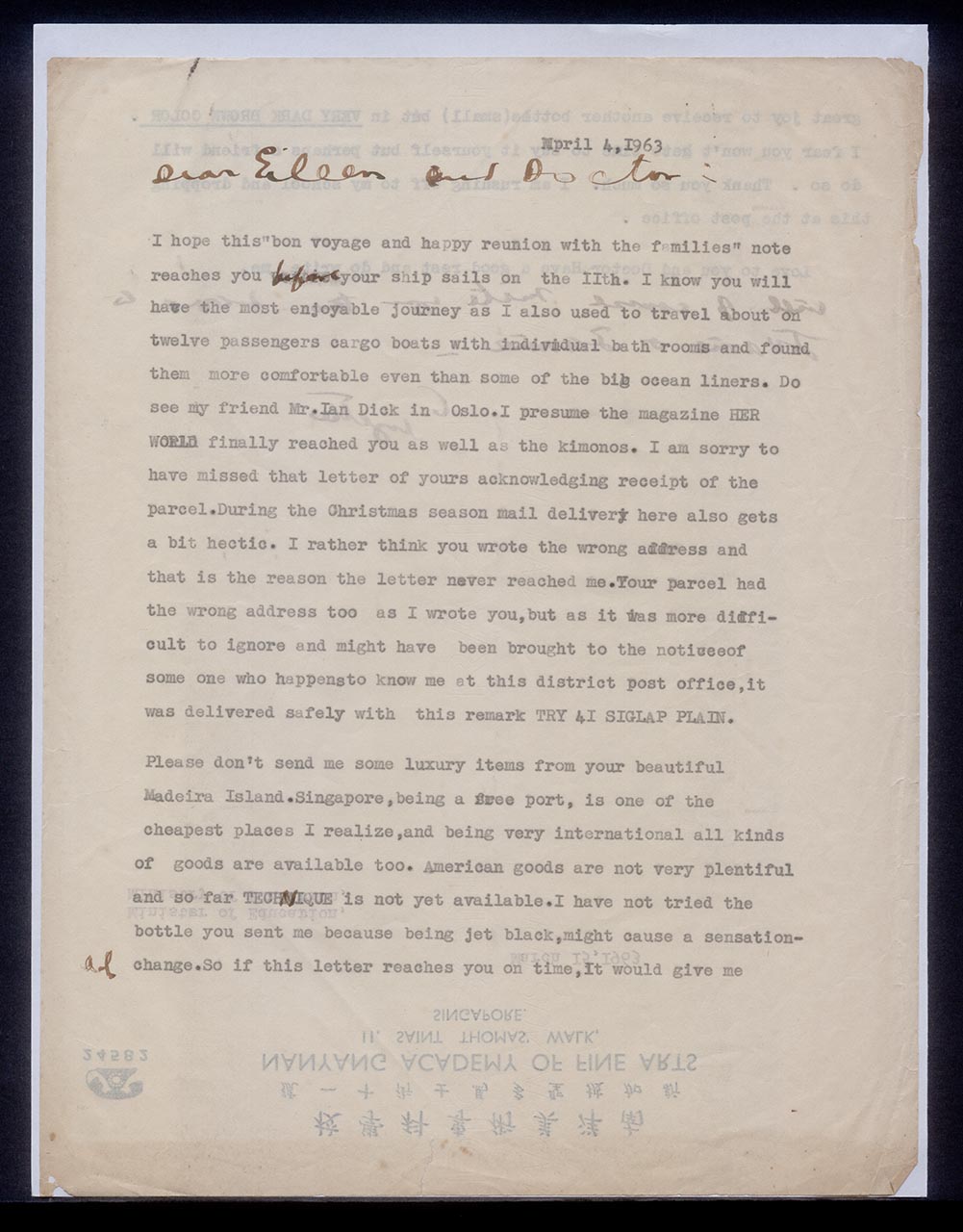 Letter from Georgette Chen to the Torlands, 4 April 1963 (Page 1 of 2)