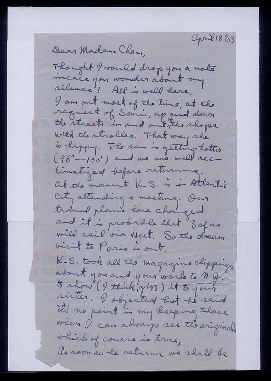 Aerogramme from Kim Sura to Georgette Chen, 18 April 1963 (Page 1 of 2)