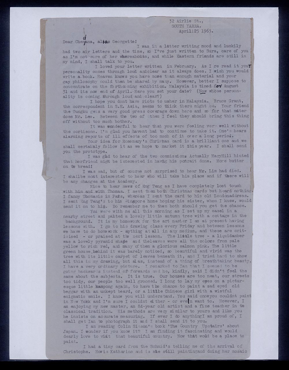 Aerogramme from Patricia Northmore Kennison to Georgette Chen, 25 April 1963 (Page 1 of 2)