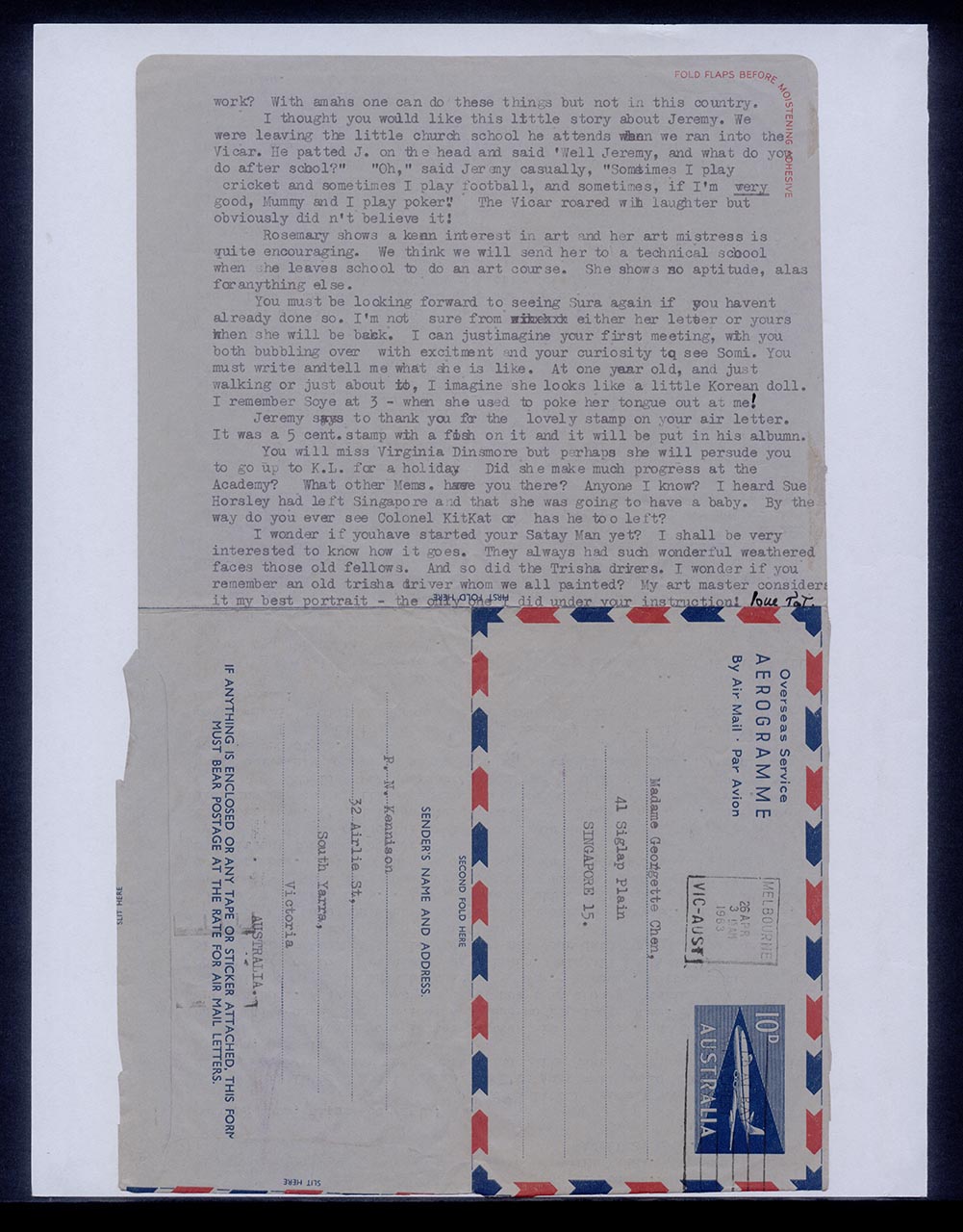 Aerogramme from Patricia Northmore Kennison to Georgette Chen, 25 April 1963 (Page 2 of 2)