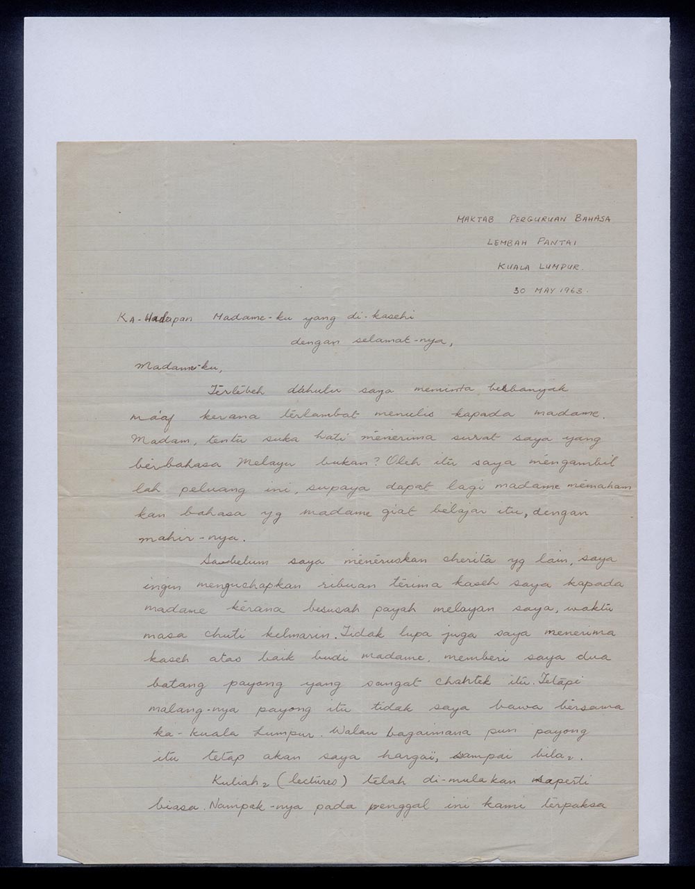 Letter from Raigah Ghani to Georgette Chen, 30 May 1963 (Page 1 of 2)