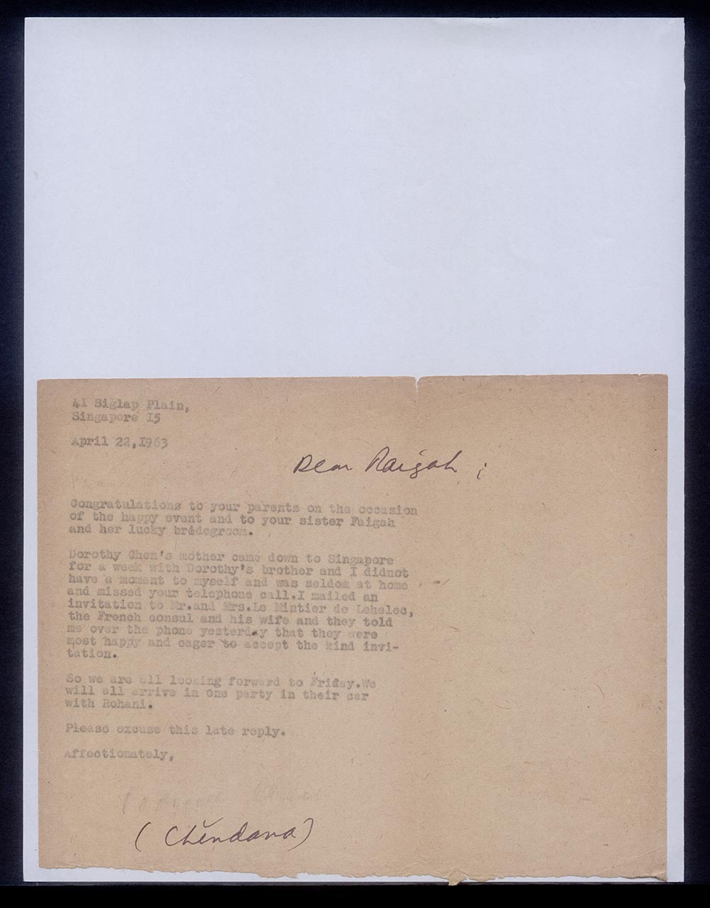 Letter from Georgette Chen to Raigah Ghani, 22 April 1963