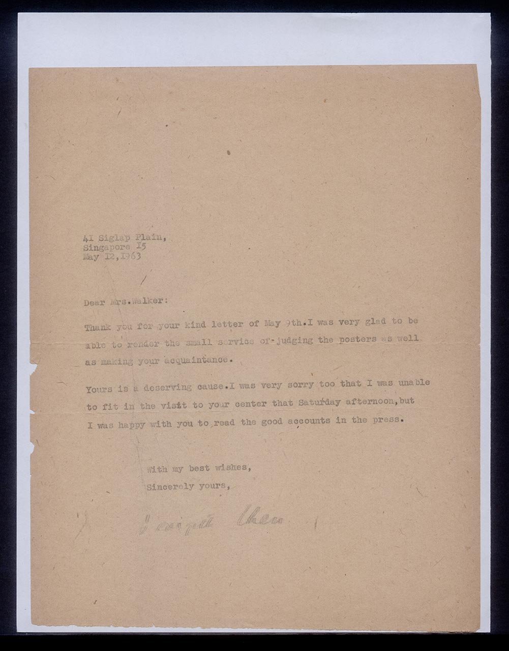 Letter from Georgette Chen to Mrs Walker, 12 May 1963