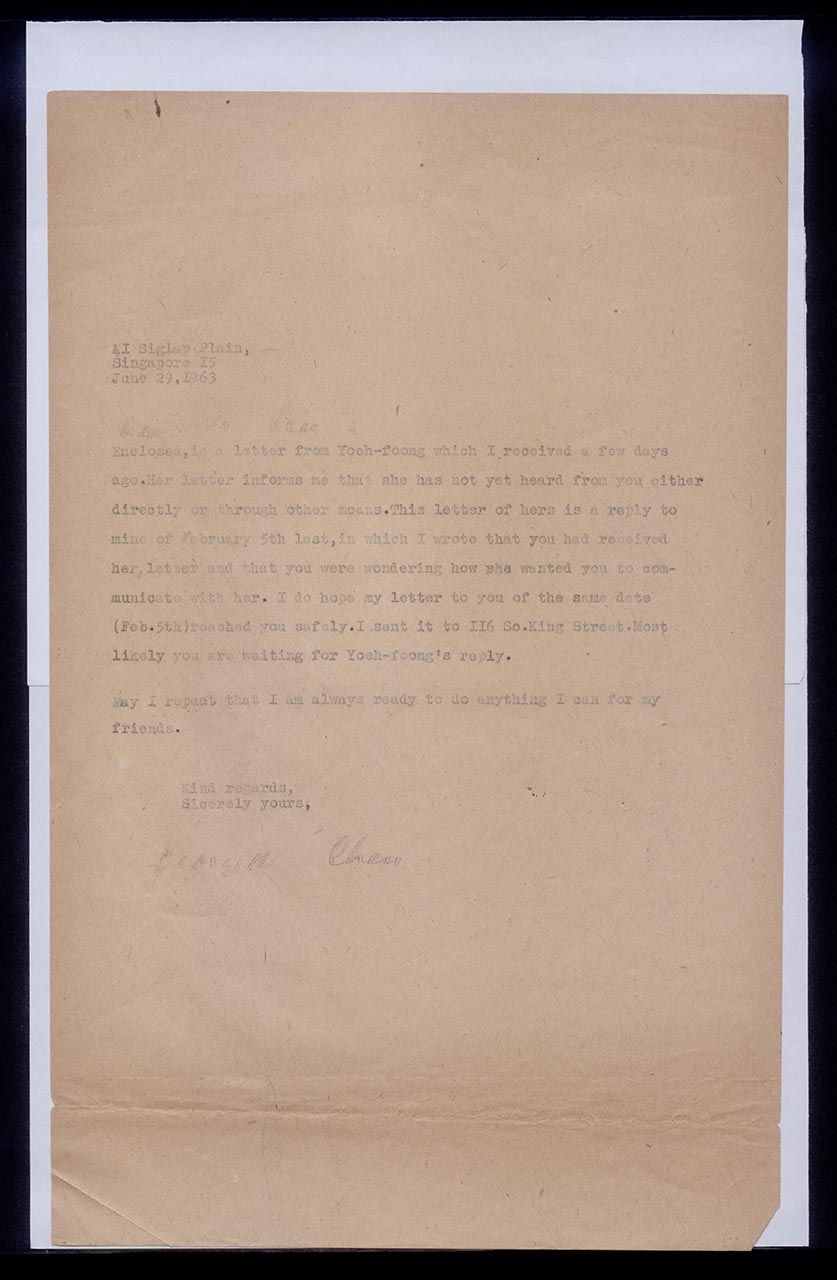 Letter from Georgette Chen to Dr. Francis Liu, 29 June 1963