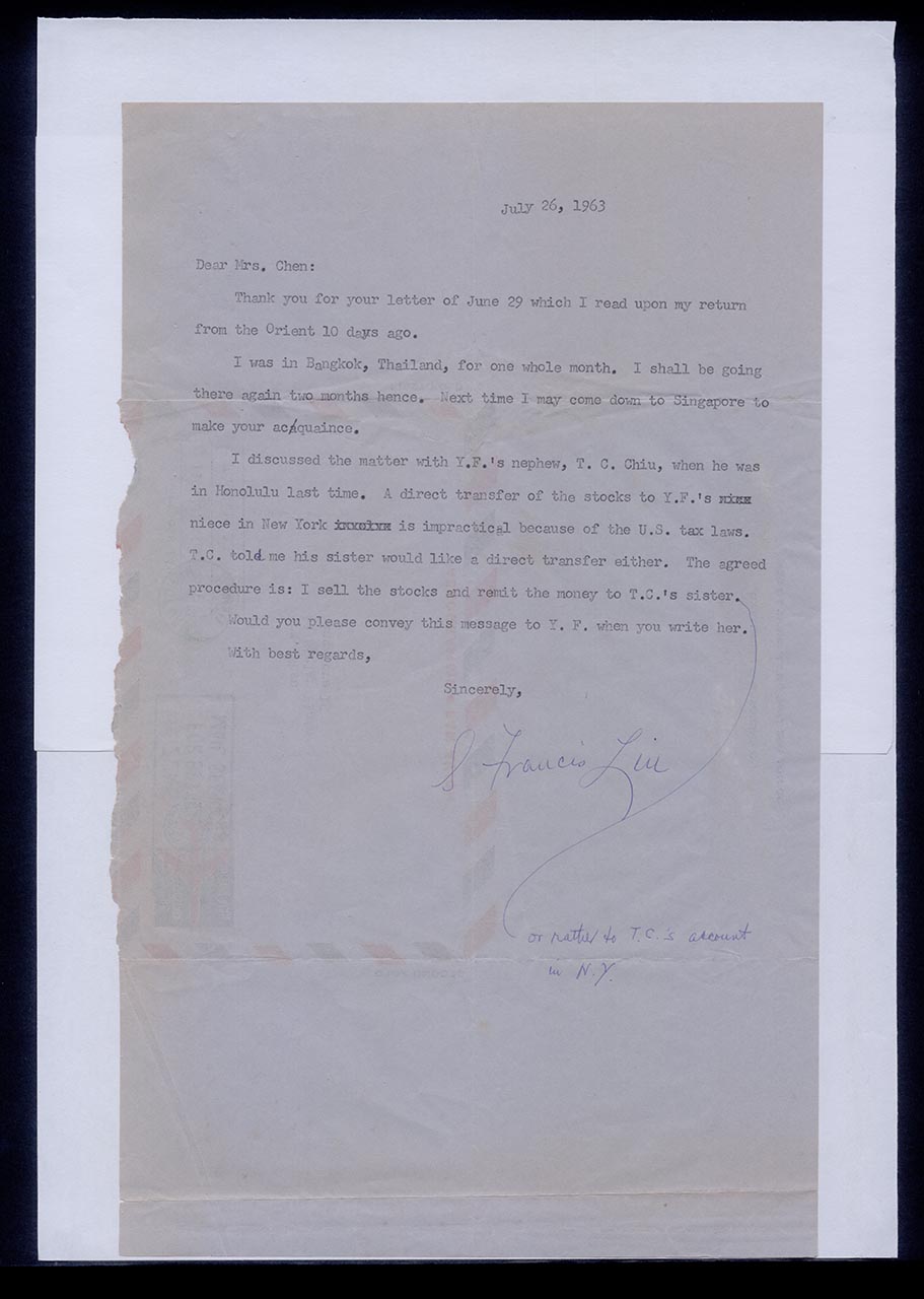 Aerogramme from Dr. Francis Liu to Georgette Chen, 26 July 1963 (Page 1 of 2)