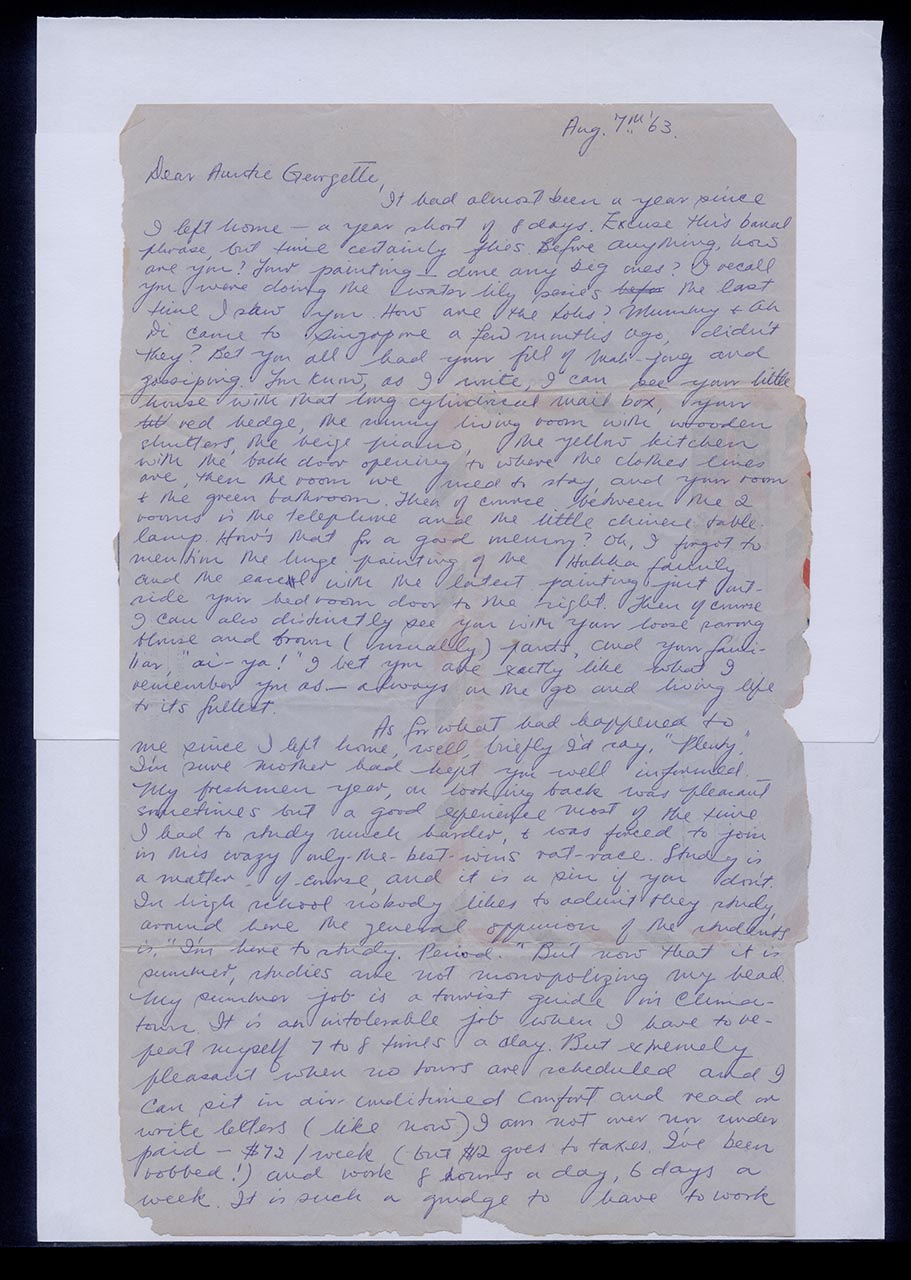 Aerogramme from Dorothy Chen to Georgette Chen, 7 August 1963 (Page 1 of 2)
