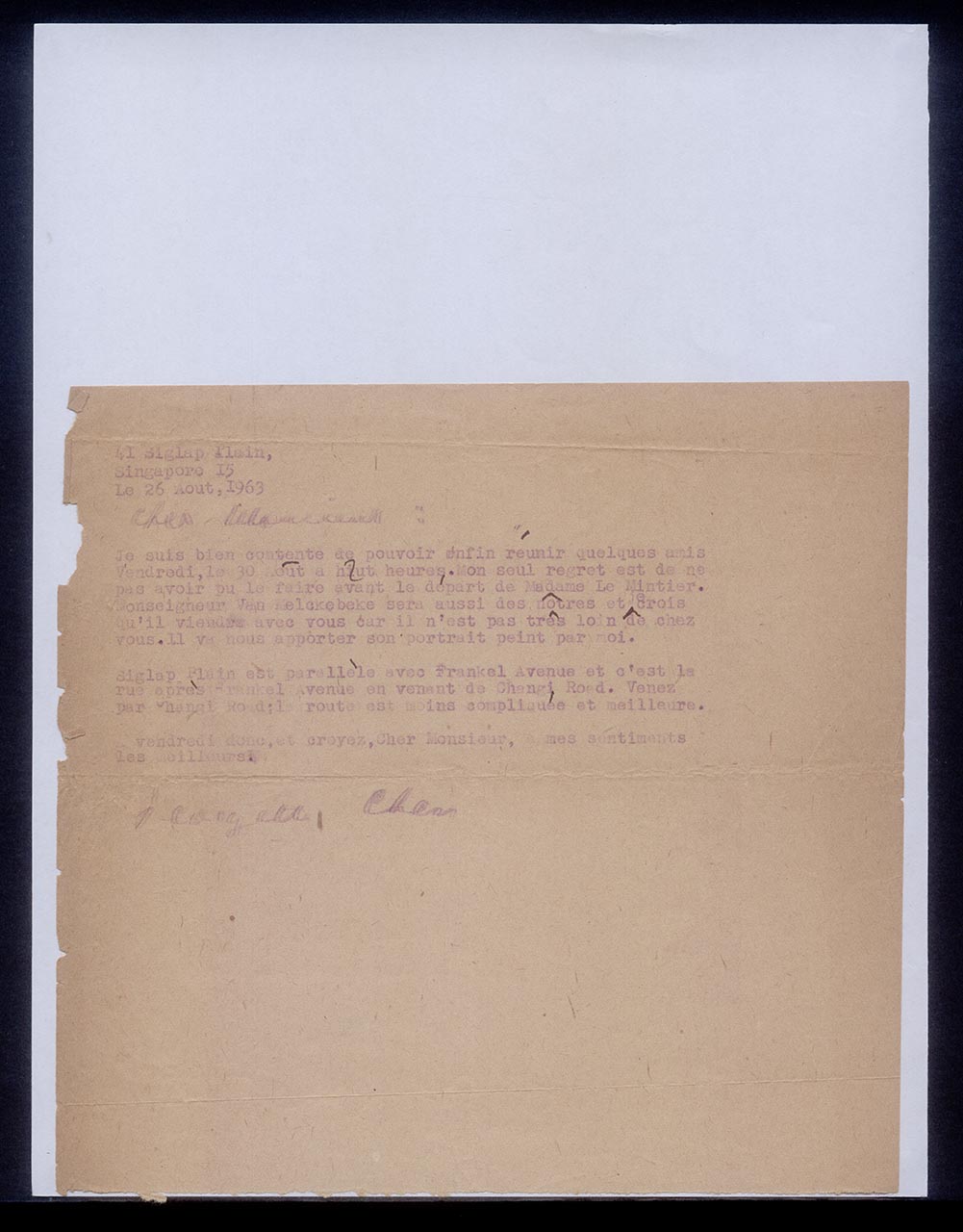 Letter from Georgette Chen to Monsieur, 26 August 1963