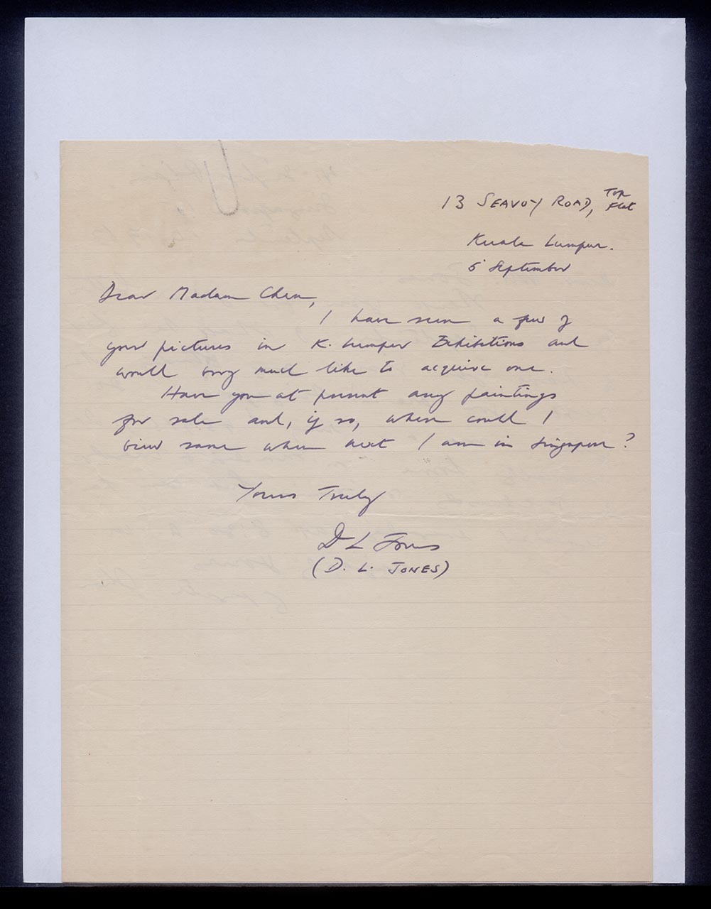 Letter from Mrs Jones to Georgette Chen, 5 September 1963