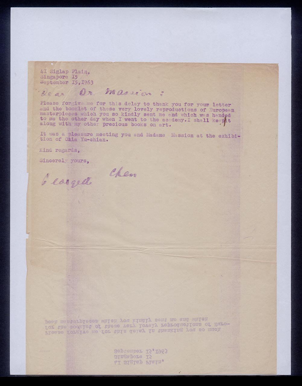 Letter from Georgette Chen to Dr Massion, 15 September 1963 (Page 1 of 2)