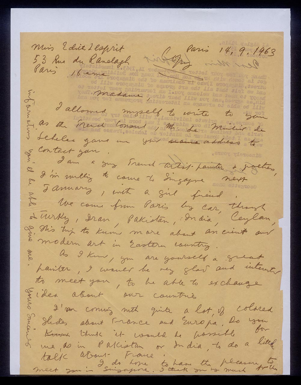 Letter from Georgette Chen to Ms Lespirit, 2 October 1963 (Page 1 of 2)