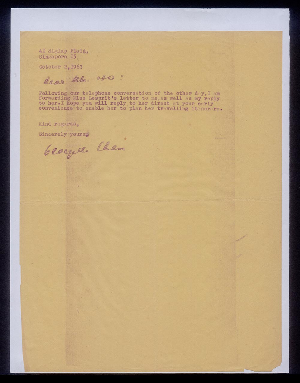 Letter from Georgette Chen to Ho Kok Hoe, 2 October 1963