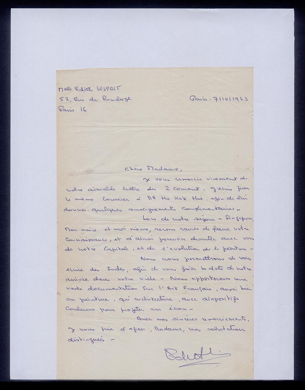 Letter from Ms Lespirit to Georgette Chen, 7 October 1963
