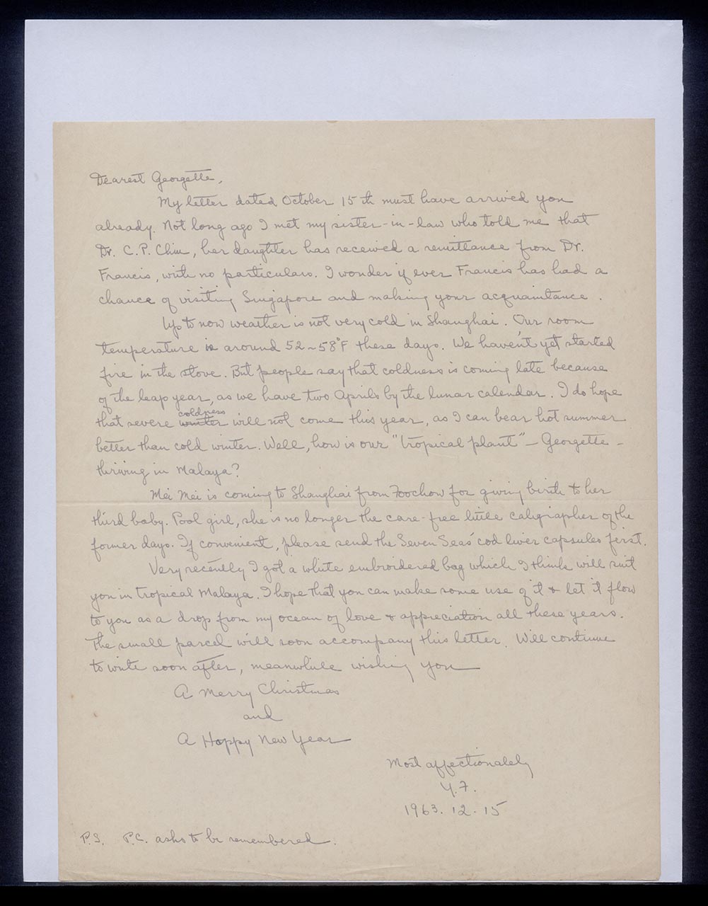 Letter from Chuang Yoeh Foong to Georgette Chen, 15 December 1963