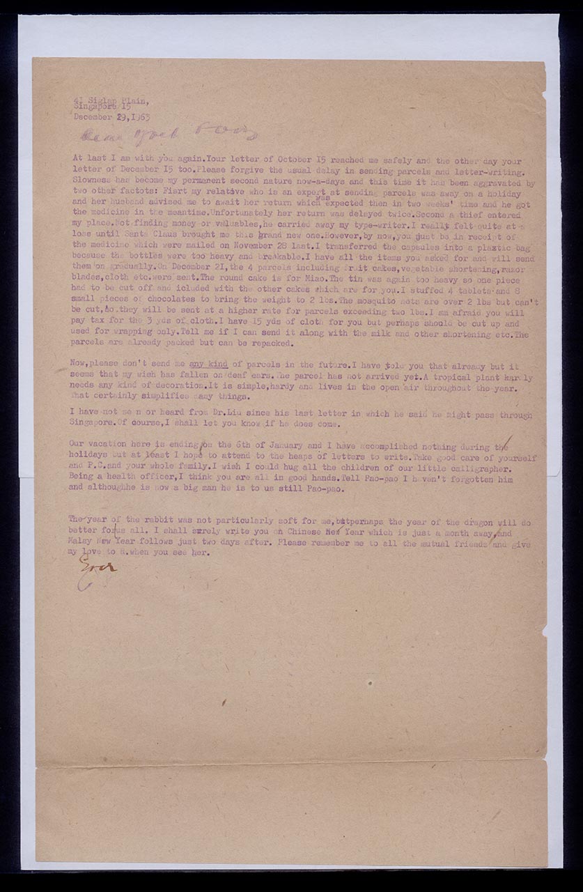 Letter from Georgette Chen to Chuang Yoeh Foong, 29 December 1963 (Page 1 of 2)