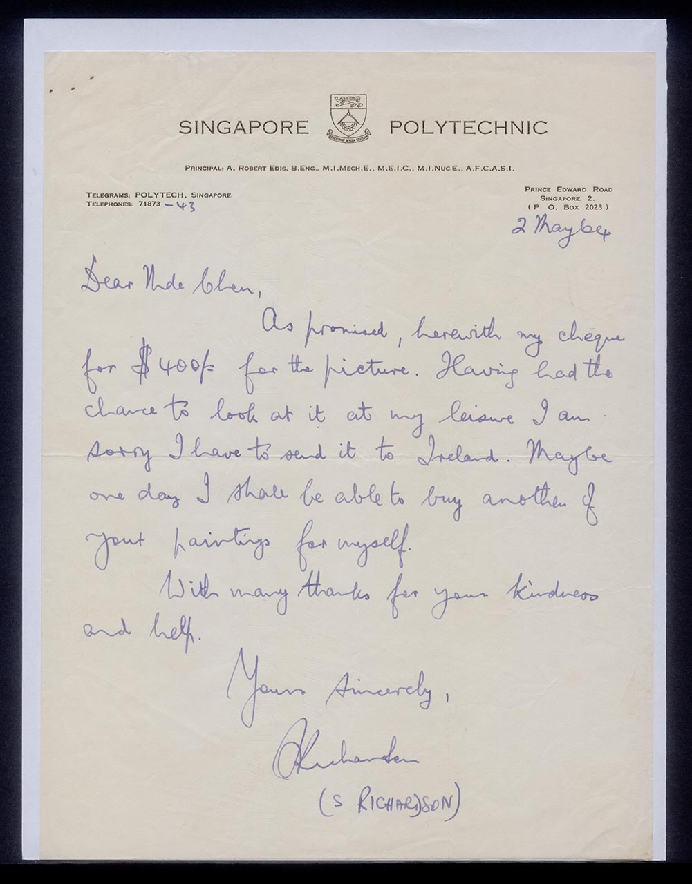 Letter from S. Richardson to Georgette Chen, 2 May 1964