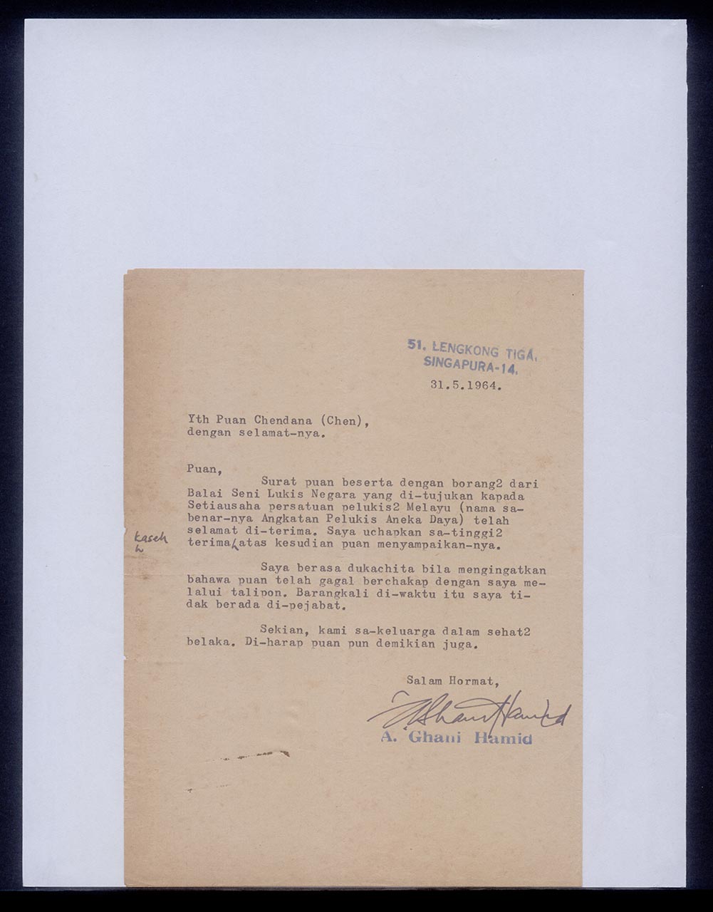 Letter from A Ghani Hamid to Georgette Chen, 31 May 1964