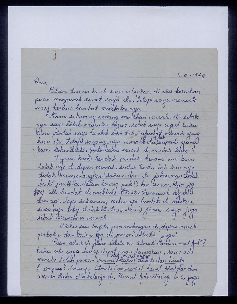 Letter from Rohani Ismail to Georgette Chen, 9 June 1964 (Page 1 of 3)