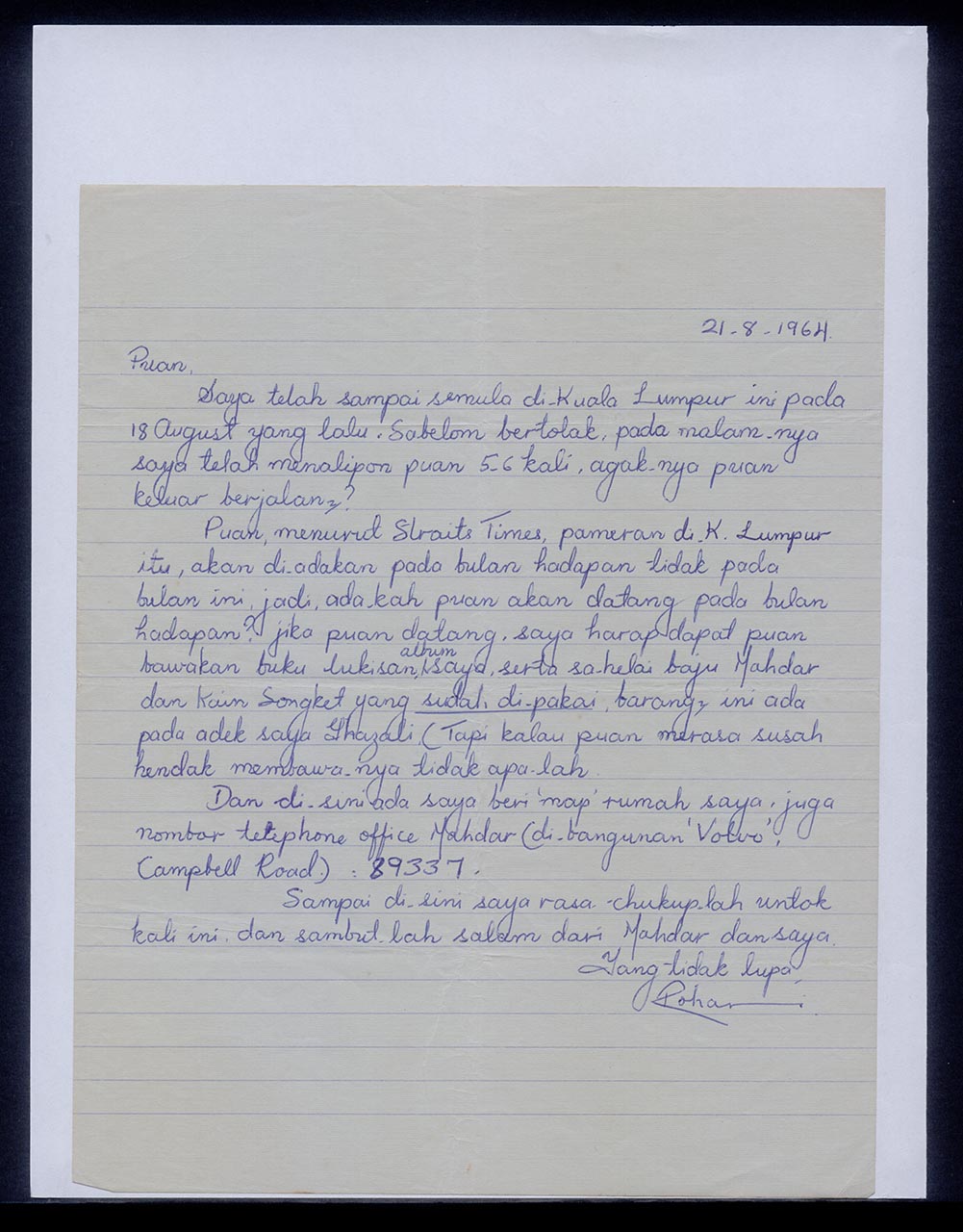 Letter from Rohani Ismail to Georgette Chen, 21 August 1964 (Page 1 of 3)
