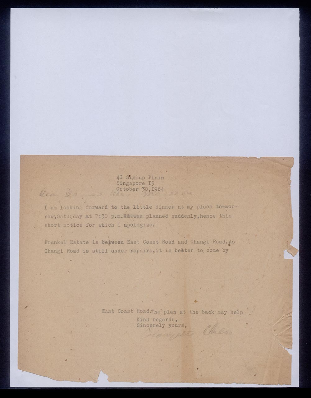 Letter from Georgette Chen to Dr and Mrs Massion, 30 October 1964
