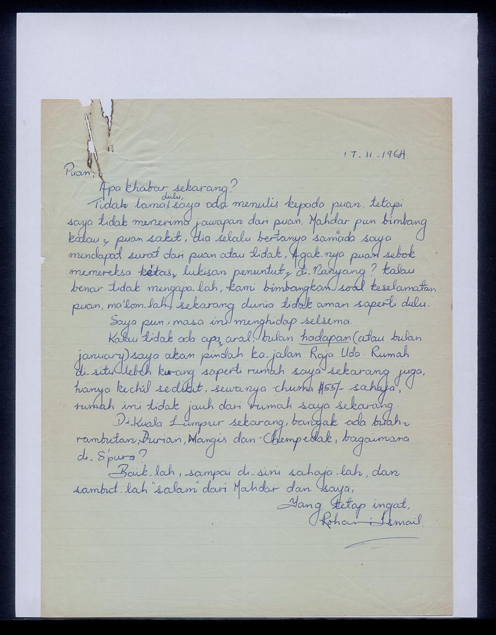 Letter from Rohani Ismail to Georgette Chen, 17 November 1964