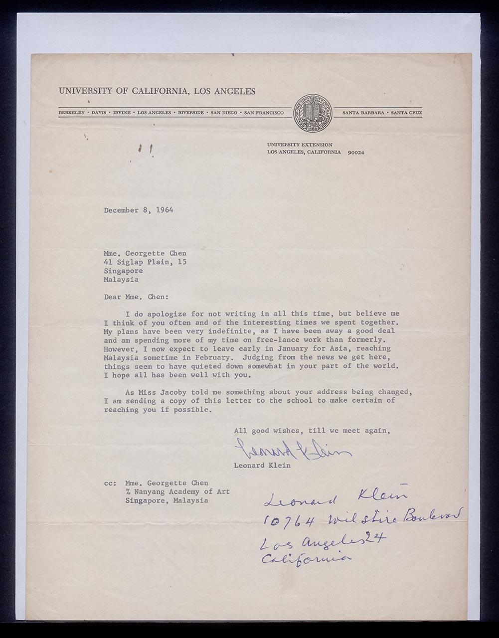 Letter from Leonard Klein to Georgette Chen and a Copy, 8 December 1964 (Page 1 of 2)