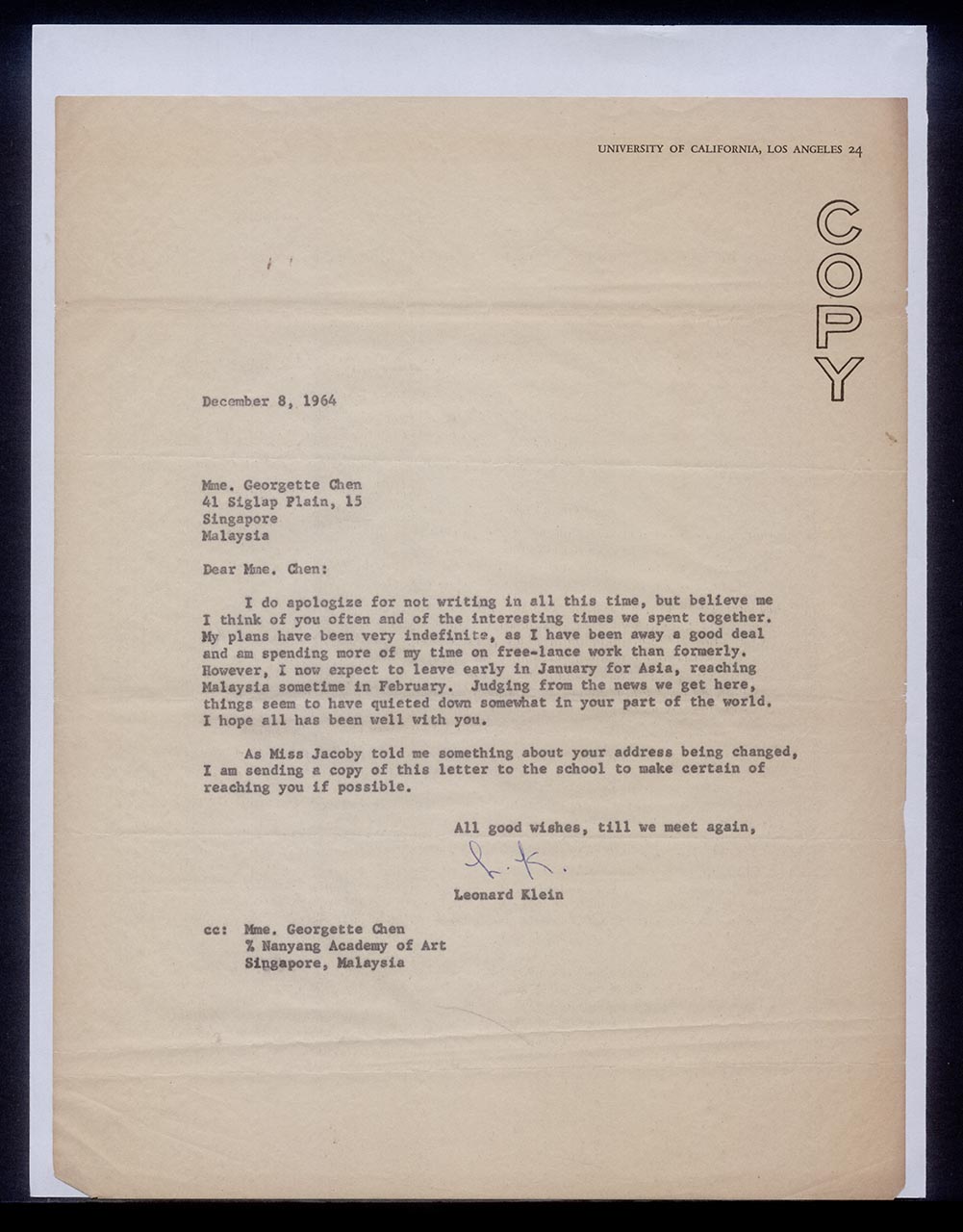 Letter from Leonard Klein to Georgette Chen and a Copy, 8 December 1964 (Page 2 of 2)