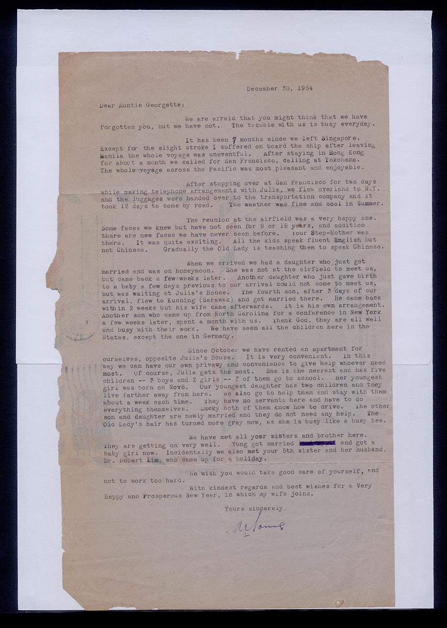 Aerogramme from Mr and Mrs Andrew Young to Georgette Chen, 30 December 1964 (Page 1 of 2)