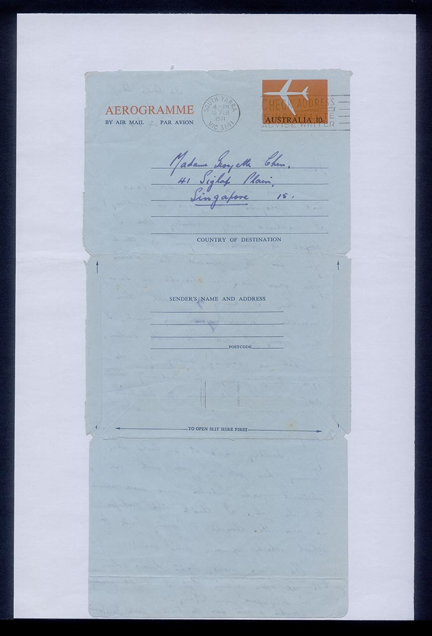 Aerogramme from Ian Kennison to Georgette Chen, 14 February 1971 (Page 1 of 2)