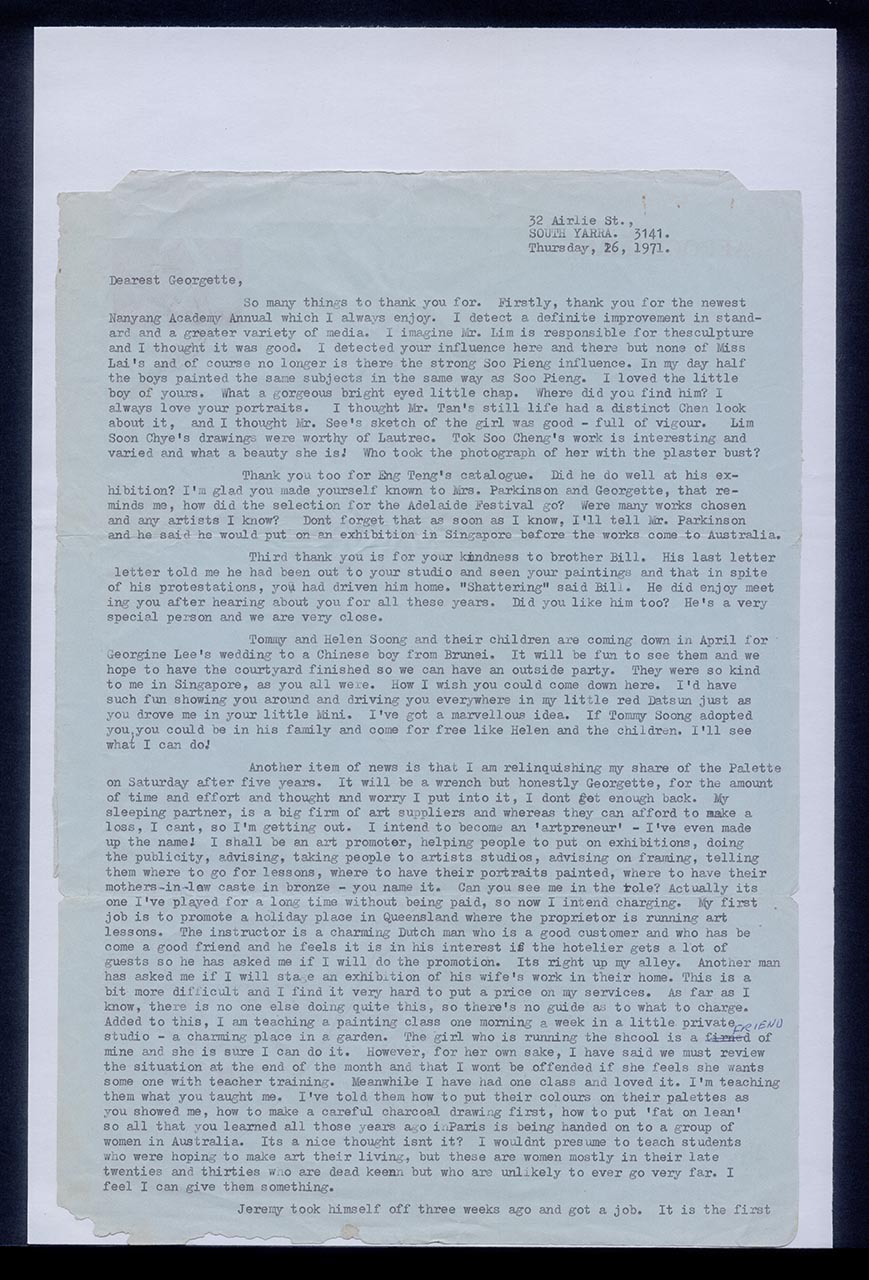 Aerogramme from Patricia Northmore Kennison to Georgette Chen, 26 February 1971 (Page 1  of 2)