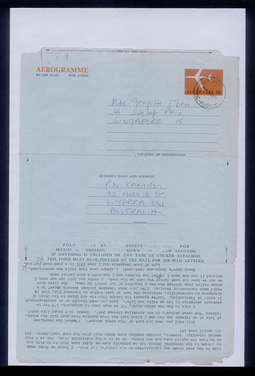 Aerogramme from Patricia Northmore Kennison to Georgette Chen, 26 February 1971 (Page 2 of 2)