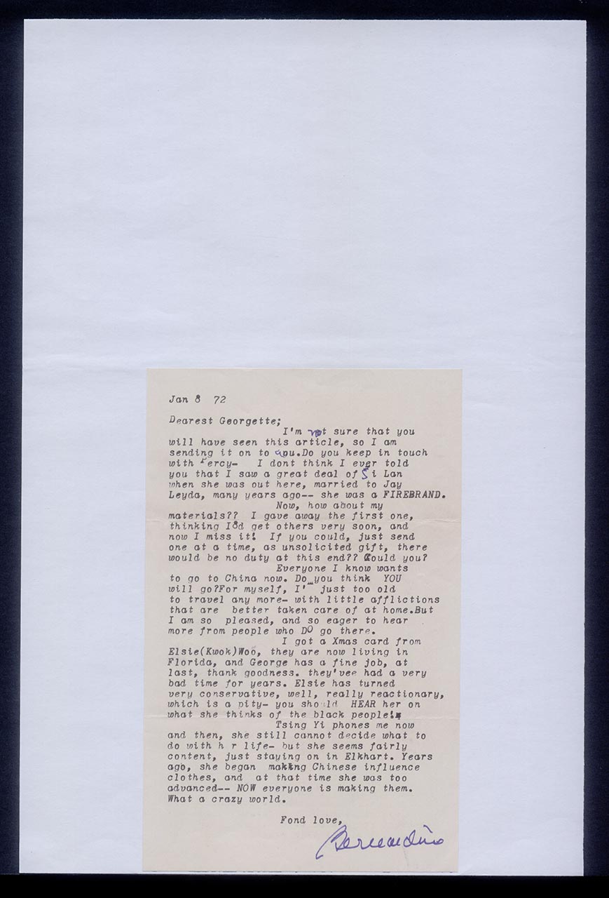 Letter from Bernadine Szold-Fritz to Georgette Chen, 8 January 1972