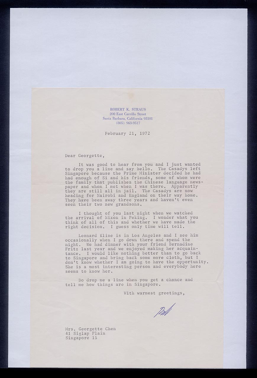 Letter from Robert K. Straus to Georgette Chen, 21 February 1972