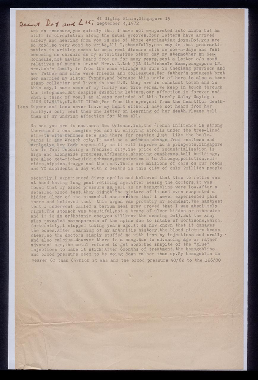 Letter from Georgette Chen to Dorothy Lee and Lucille Lee, 4 September 1972 (Page 1 of 2)