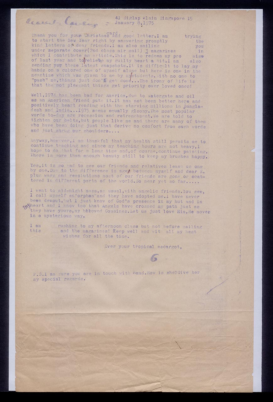 Letter (draft) from Georgette Chen to Cousine, 8 January 1975