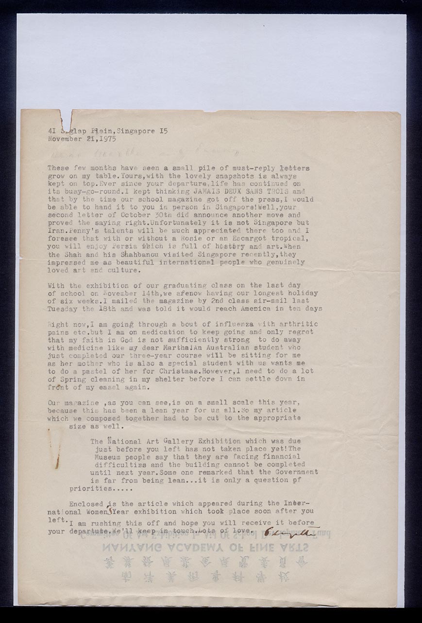 Letter from Georgette Chen to Martha and Penny, 21 November 1975 (Page 1 of 2)