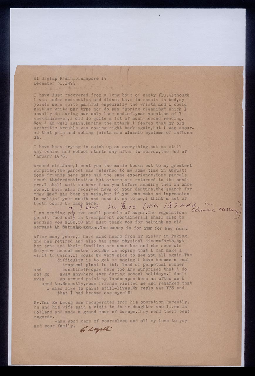 Letter from Georgette Chen to Chuang Yoeh Foong and P.C. Chuang, 31 December 1975