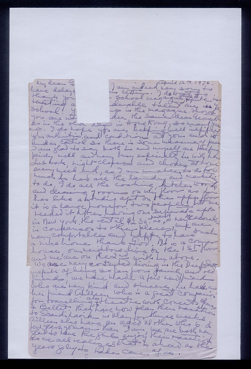 Aerogramme from Dorothy Lee to Georgette Chen, 12 April 1976 (Page 1 of 2)