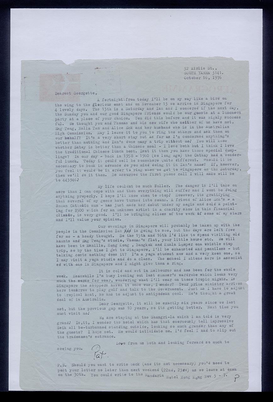 Aerogramme from Patricia Northmore Kennison to Georgette Chen, 16 October 1976 (Page 1 of 2)