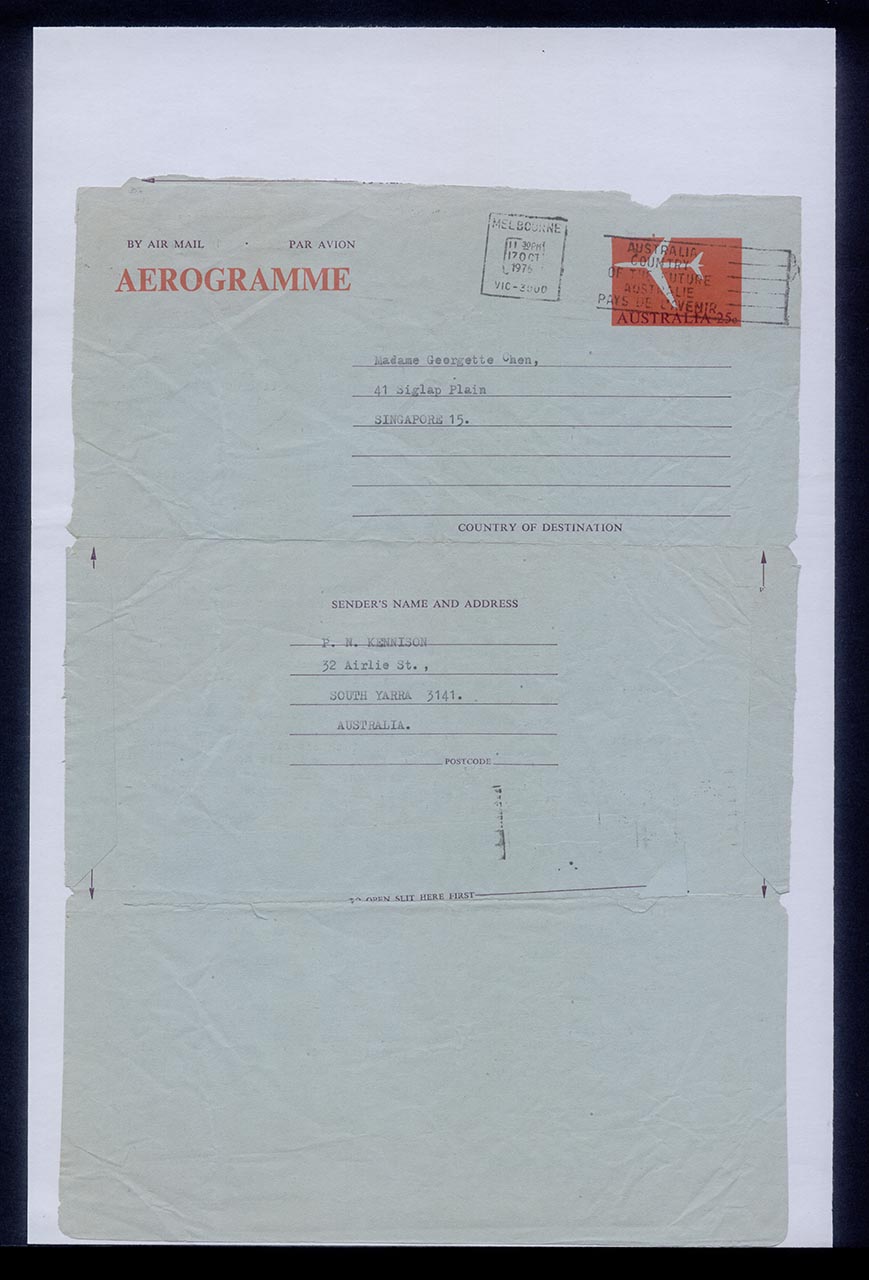 Aerogramme from Patricia Northmore Kennison to Georgette Chen, 16 October 1976 (Page 2 of 2)