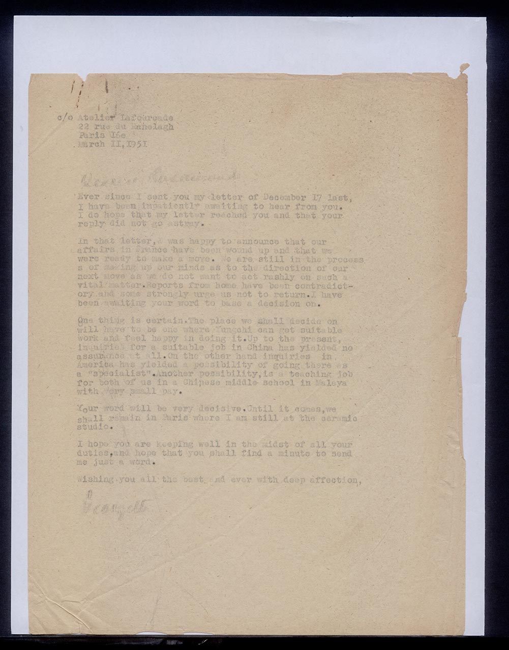 Letter from Georgette Chen to Song Qingling, 11 March 1951