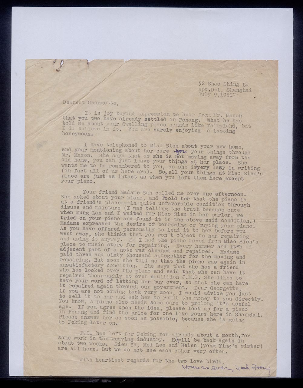 Letter from Chuang Yoeh Foong to Georgette Chen, 9 July 1951