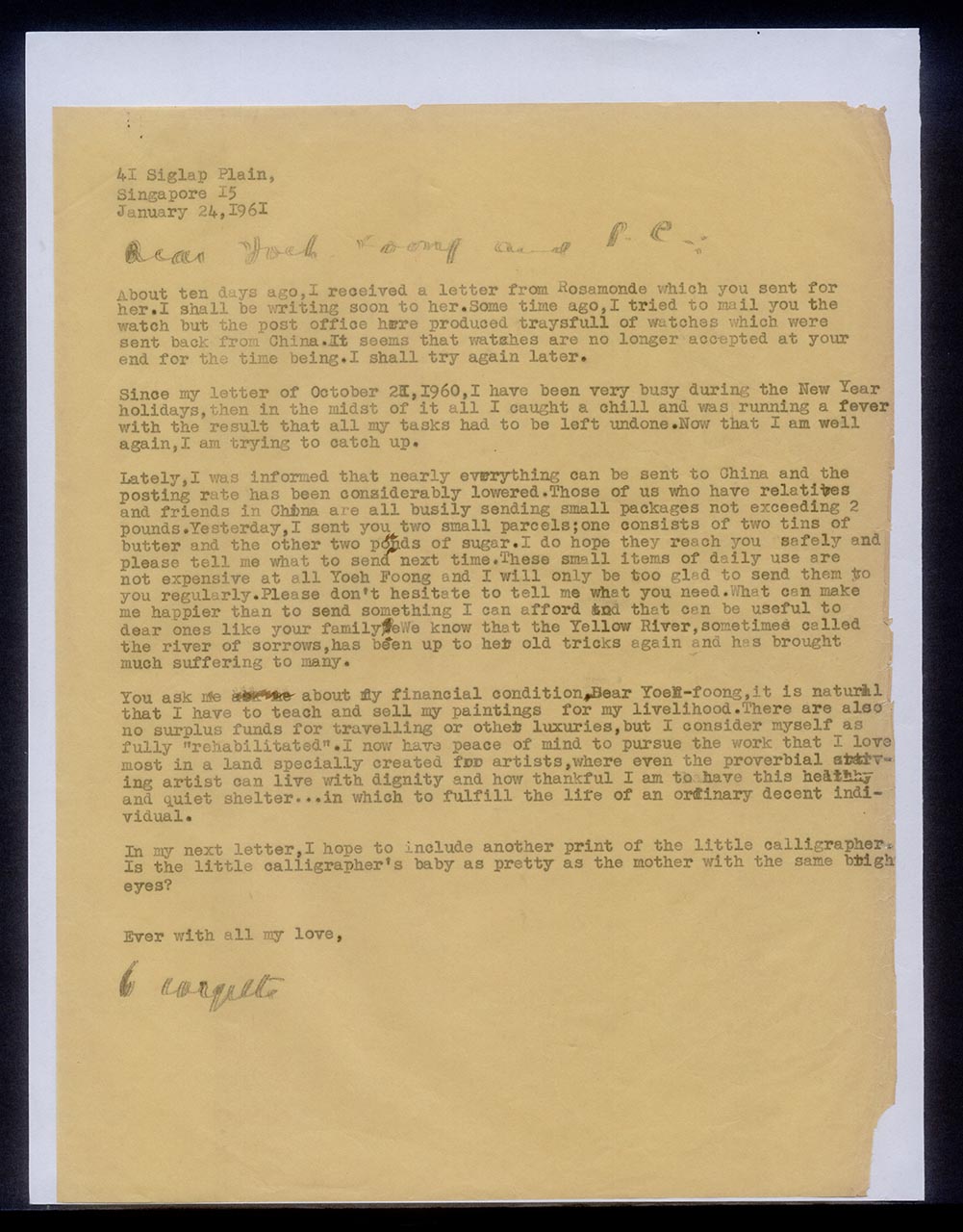 Letter from Georgette Chen to Chuang Yoeh Foong and P.C. Chuang, 24 January 1961