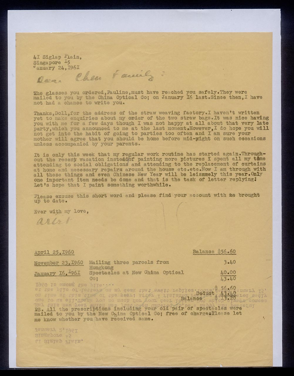 Letter from Georgette Chen to Chen family, 24 January 1961 (Page 1 of 2)