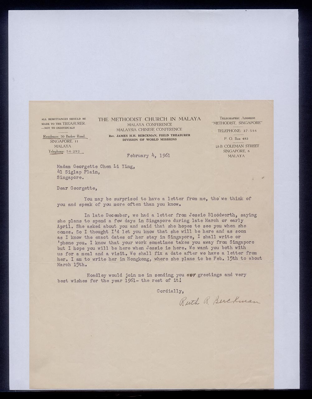 Letter from Ruth R. Berckman, Methodist Church in Malaya to Georgette Chen, 4 February 1961