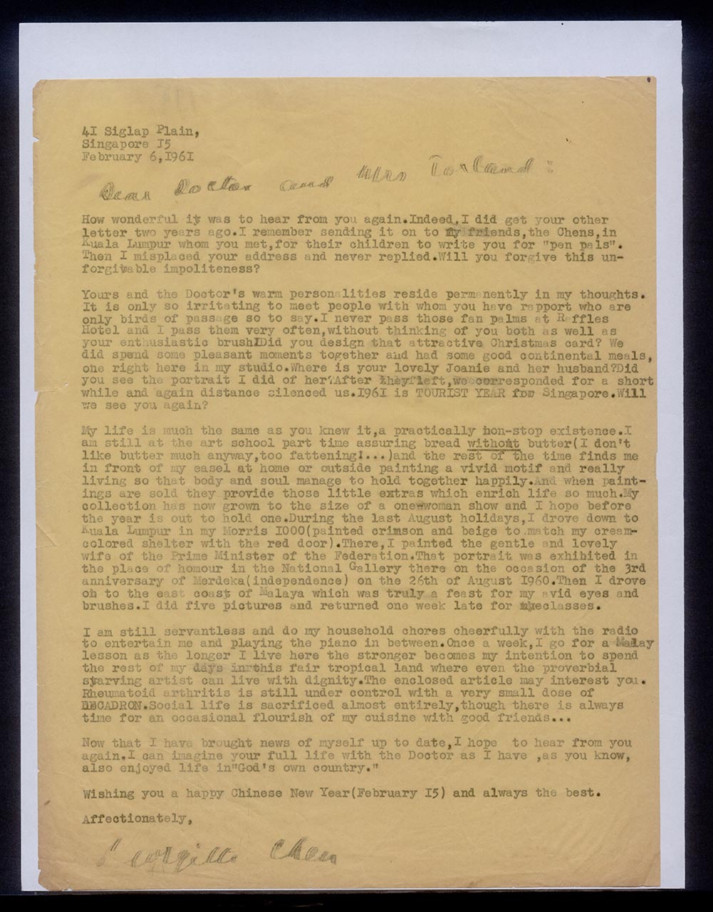 Letter from Georgette Chen to the Torlands, 6 February 1961
