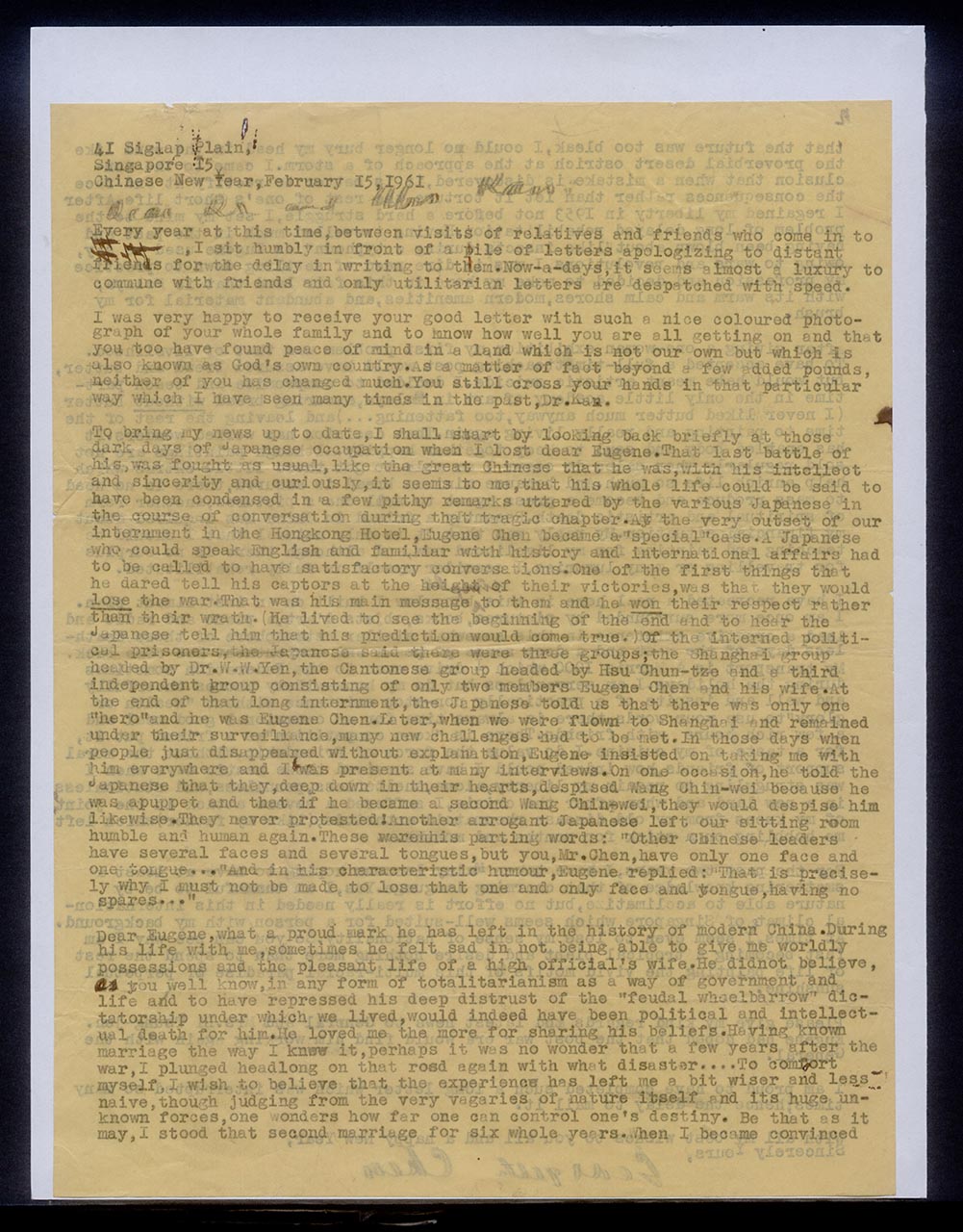 Letter from Georgette Chen to Dr and Mrs Ranu(?), 15 February 1961 (Page 1 of 2)
