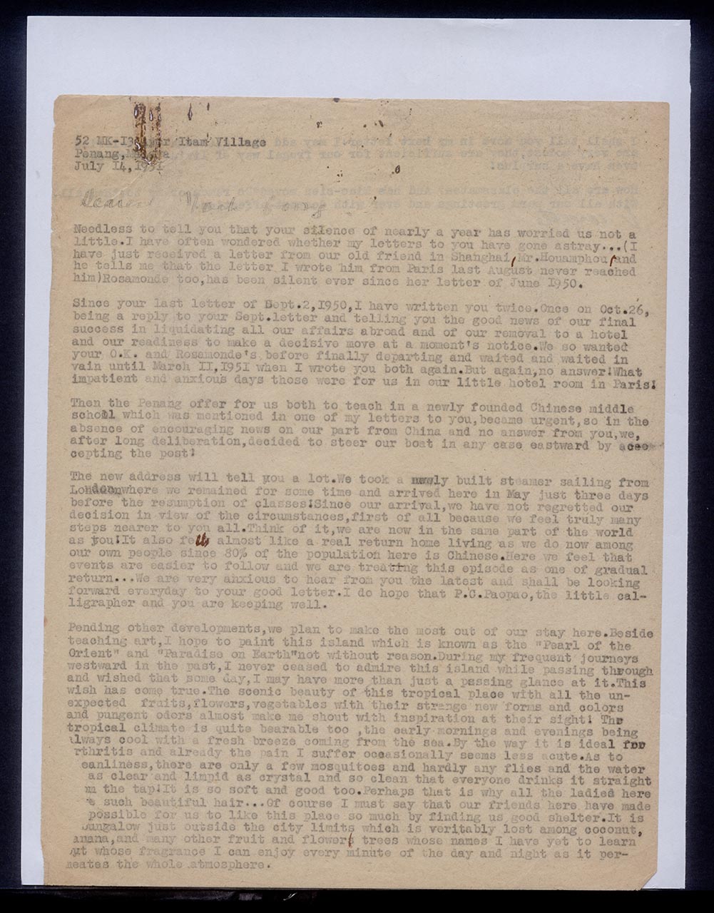 Letter from Georgette Chen to Chuang Yoeh Foong, 14 July 1951 (Page 1 of 2)