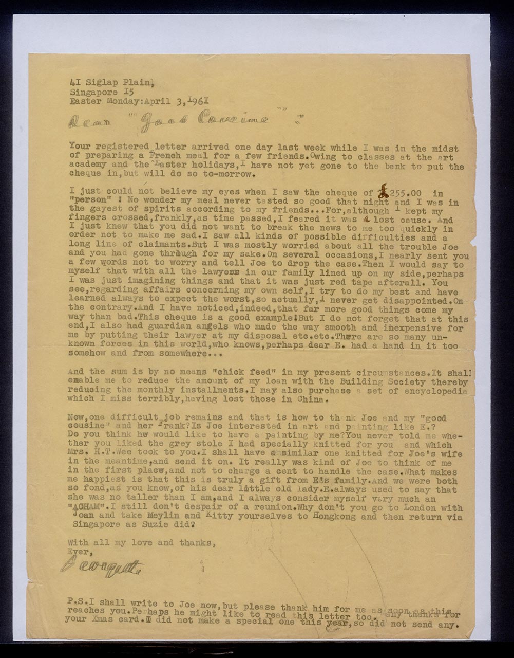 Letter from Georgette Chen to the Chens, 3 April 1961 (Page 2 of 2)