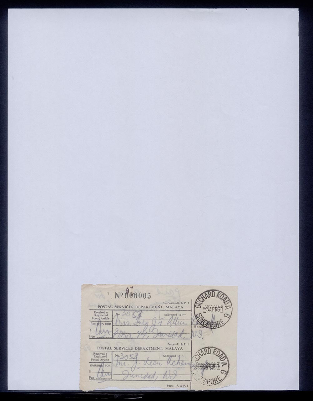 Receipt for the registered mail Inez Achem sent, 3 April 1961 (Page 1 of 2)