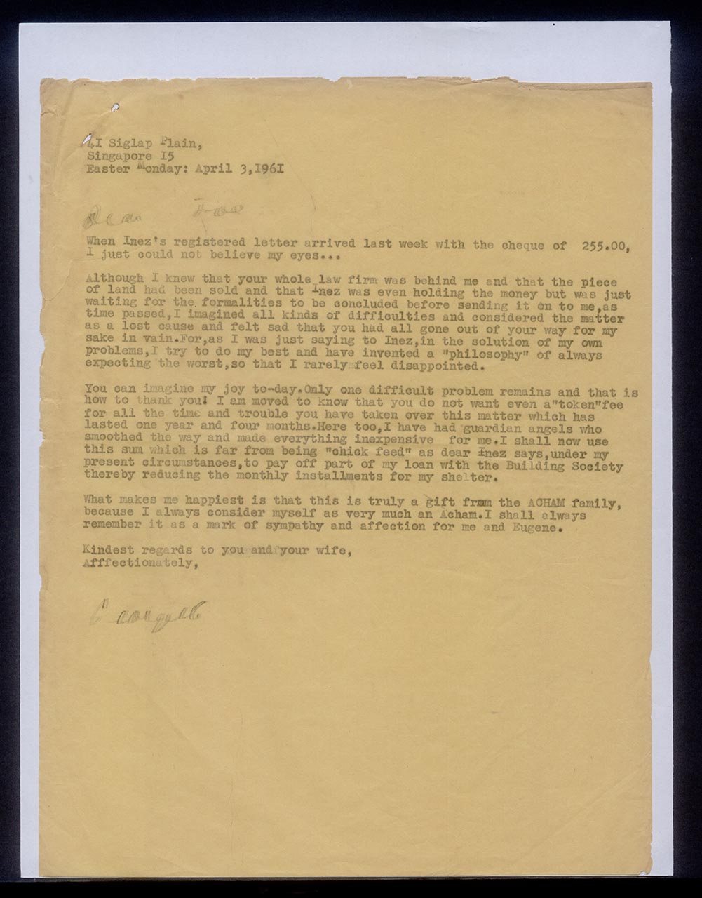 Letter from Georgette Chen to Joe, 3 April 1961